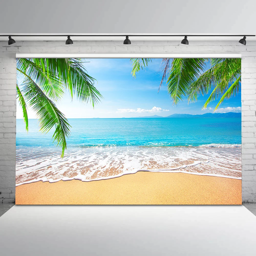 Summer holiday sandy beach blus sky and sea palm tree photography backdrop newborn baby background for photocall studio vinyl fl |