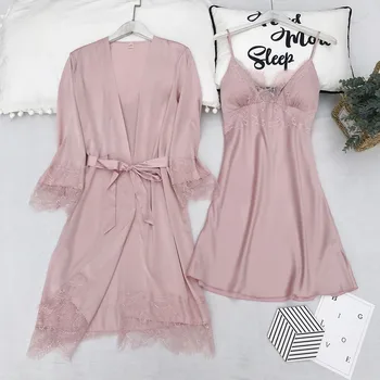 

Chinese Style Bride Bridesmaid Wedding Robe Gown Women Satin 2PCS Nighty&Robe Set Sleepwear Sexy Lace Nightwear Homewear