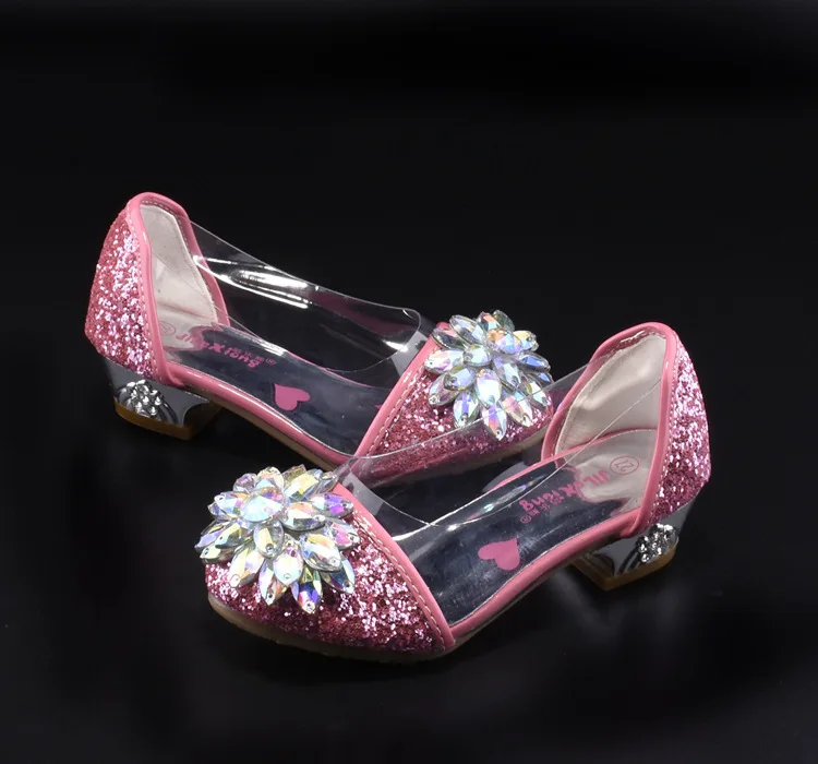 Тапочки из прозрачного стекла; Сказочный Костюм Золушки; обувь для костюмированной вечеринки; детская обувь для девочек; милая Роскошная Розовая обувь принцессы с цветочным узором и стразами