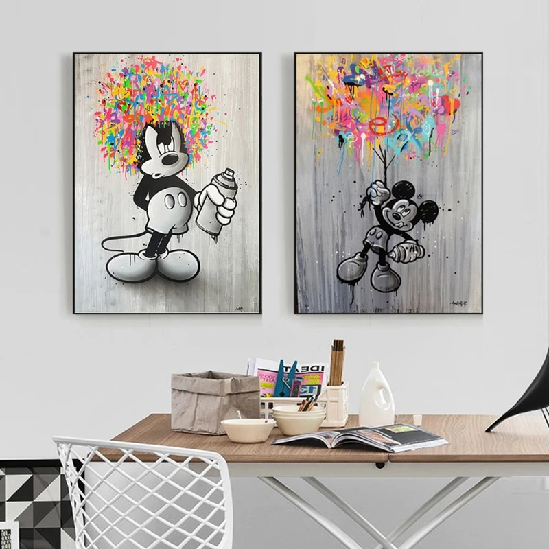 Cartoon Street Art Canvas Paintings Mickey Mouse Graffiti Posters and Prints Black White Disney Wall Pictures for Home Decor | Дом и сад