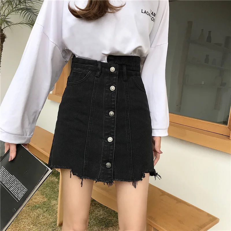 

2020 Korean Womens All Match Denim Hot Sale Students Harajuku Black Solid Simple Skirts Style Retro Single Breasted Mini Skirt