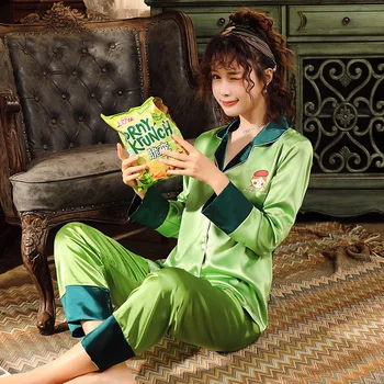 

Spring Summer New Sleepwear Pyjamas Print Flower Women 2PCS Pajamas Suit Homewear Satin Sleep Set Home Clothing Nightwear
