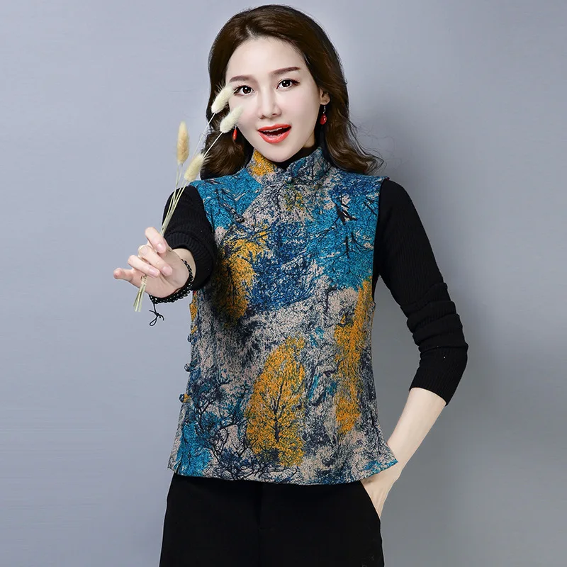 

2018 Winter New Style Ethnic-Style WOMEN'S Dress Large Size Cotton Linen Printed Short Thick Warm Waistcoat Small Coat