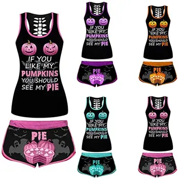 

Halloween Womens Clothes 2PCs Outfit Set - If You Like My Pumpkins - Funny Letter Print Tank Tops and Shorts