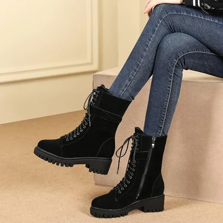 

Leather Martin Boots 2019 Tie-in-Bucket Boots Medium Rough-heeled Grinded Women Spring and Autumn Single Boots Cow Down