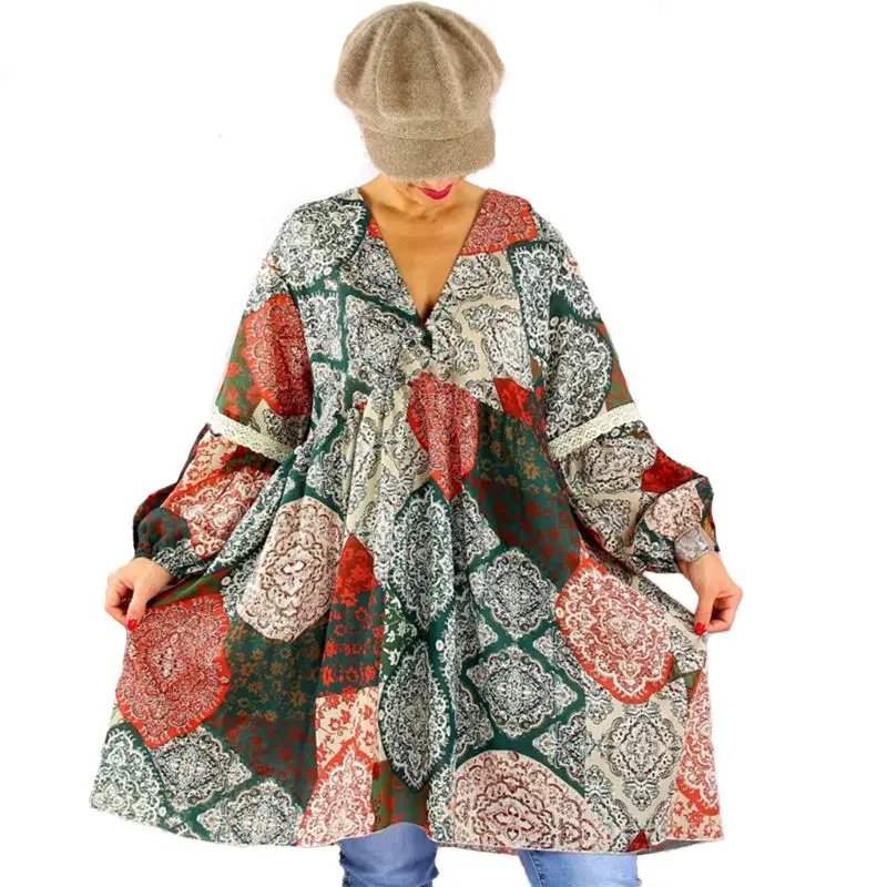 

Women's Vintage Colorful Print Tunic Loose A-Line Long Puff Sleeve Dress