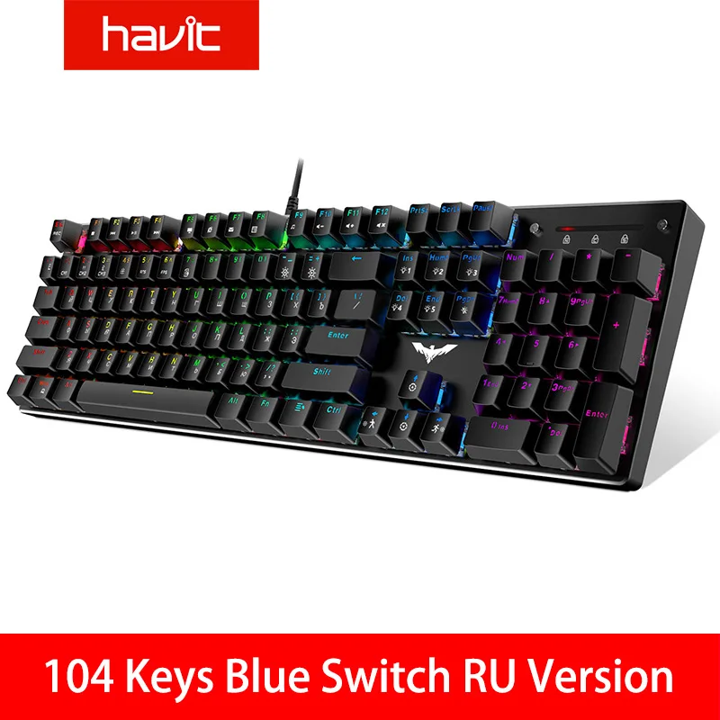 HAVIT Gaming Mechanical Keyboard 87/104 keys USB Wired keyboard Blue/Red Switch Backlit Keyboard US/Russian Version - Цвет: 104 Blue RU