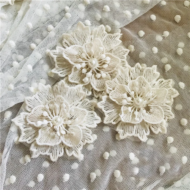 Flower Lace Applique 10pcs Ivory Beige Beaded Organza Embroidery Floral Patches for Dress Sweater Clothes 8cm 3.1