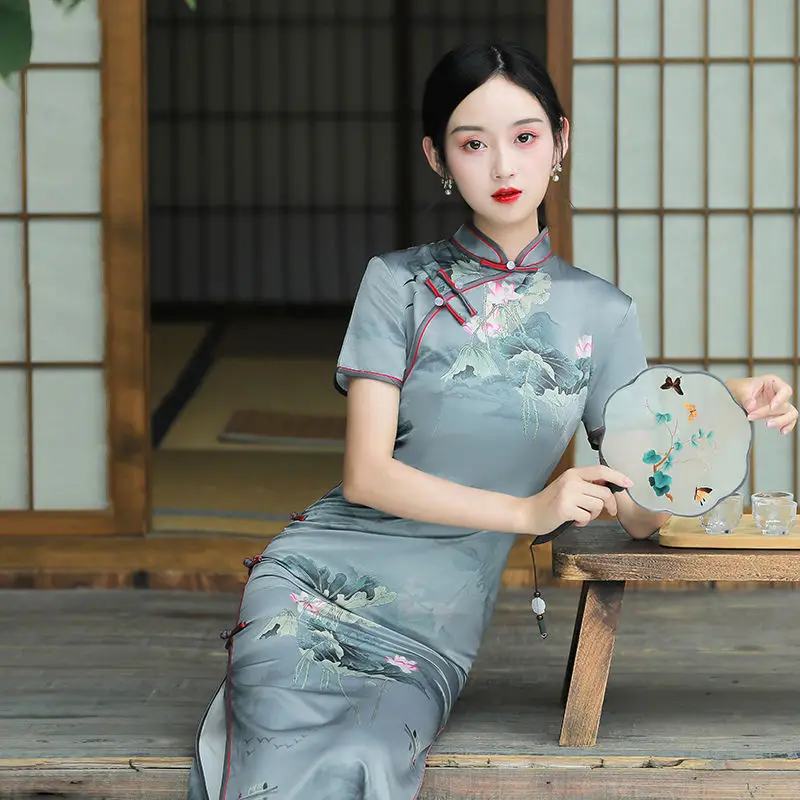 

Cheongsam 2021 New Long Summer Catwalk Chinese Style Ink Painting Lotus Old Shanghai Style Retro Imporved Qipao Dress