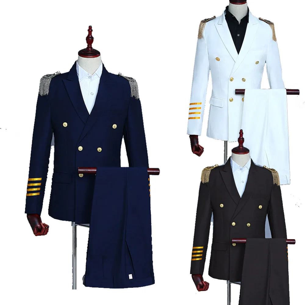 S-4XL Captain Officer Sailor Peacoat Costume Mens Blazer Suit Military  Fringe Marching Band Jacket Uniform For Adult Coat+Pants - AliExpress