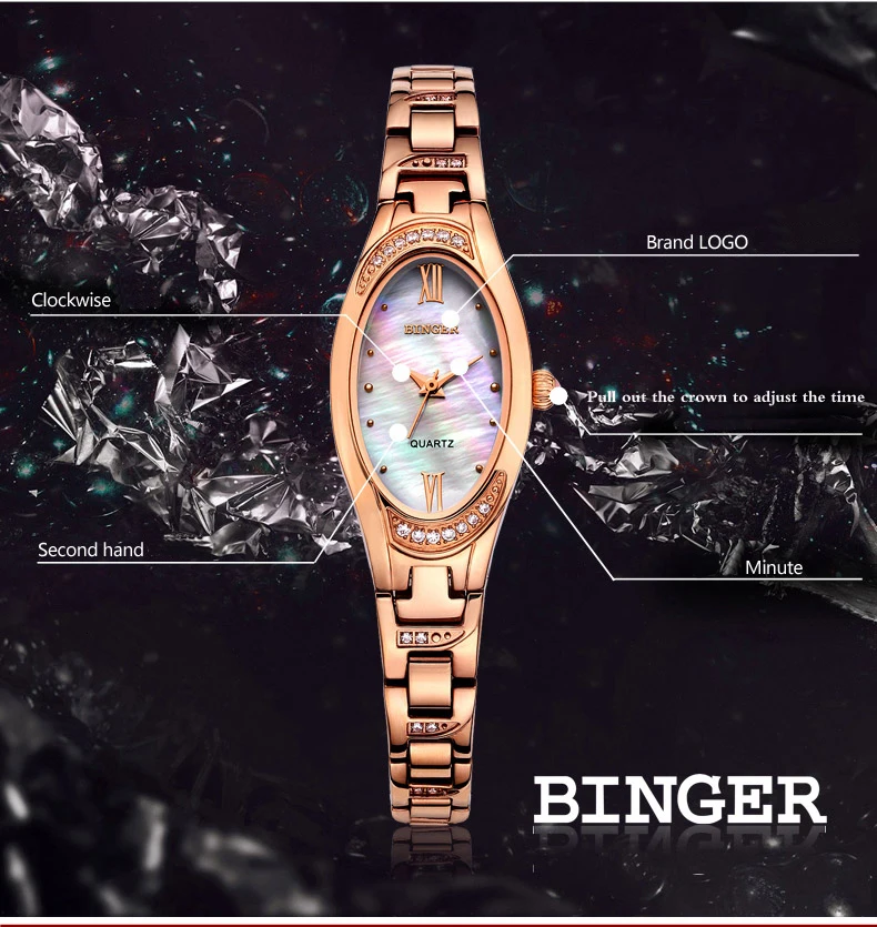 BINGER часы женские модные роскошные часы кварцевые платье нержавеющая сталь наручные часы водонепроницаемые relogio feminino женские часы