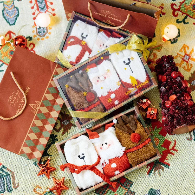 Осенне-зимние женские носки рождественские носки с трехмерным рисунком теплые милые бархатные носки кораллового цвета женские носки в подарочной упаковке