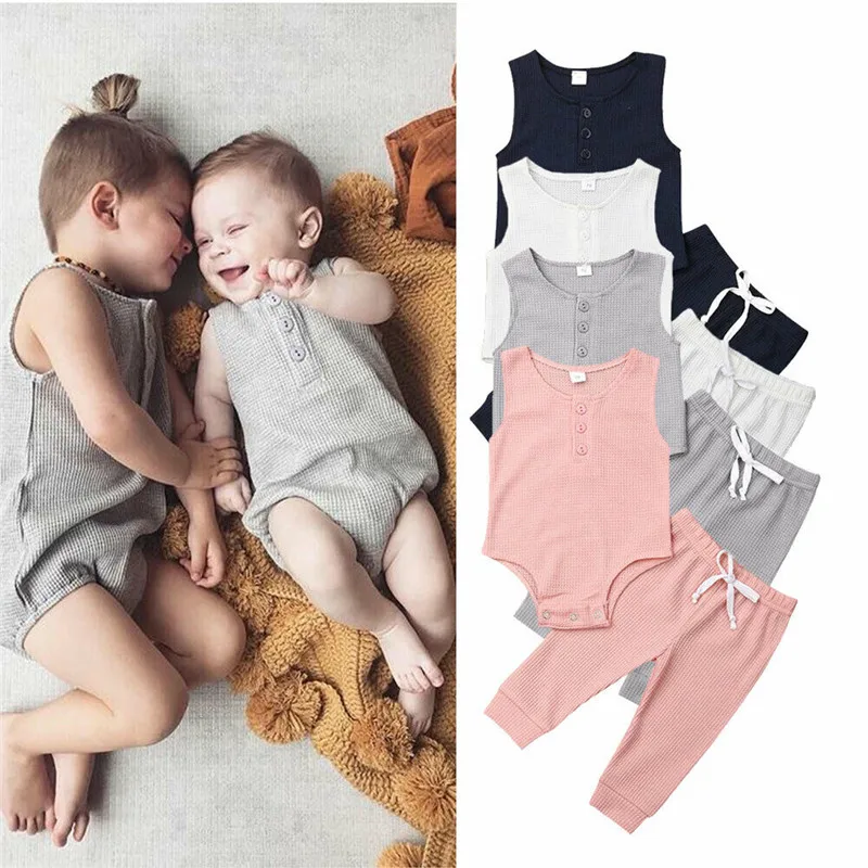 

2019 Infant Baby Boy Girl Solid Cotton Sets Clothes Sleeveless Tank Bodysuit Lace-up Sport Trousers 2Pcs Baby Outfits 0-24M