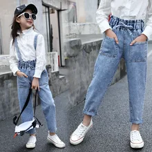 Детская одежда для девочек; сезон весна-осень; джинсы с лямками на плечах; Новинка года; осенняя одежда в западном стиле; потертые брюки на подтяжках для девочек