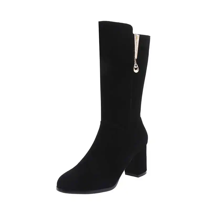 black MEMUNIA/модные ботинки до середины икры, большие размеры 34-43 женские ботинки на высоком каблуке из флока с круглым носком, на молнии элегантные осенне-зимние ботинки - Цвет: black