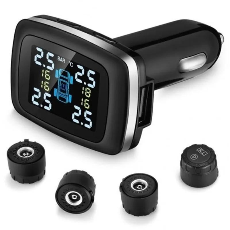 

Cigarette Lighter Plug TPMS LCD Wireless Car Tire Pressure Monitoring System USB Charging with 4 External Sensor
