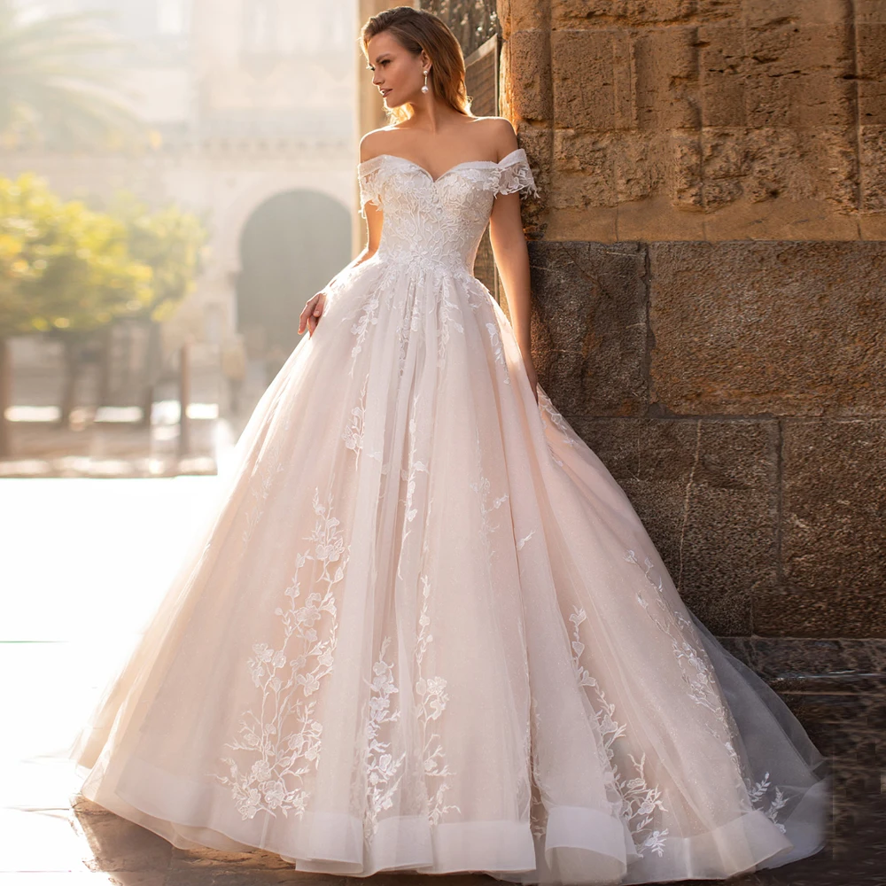 ADLN Luxury Puffy Lace Wedding Gown Custom Made Off-shoulder Tulle Ball  Corset Bridal Dress with Sweep Train 5