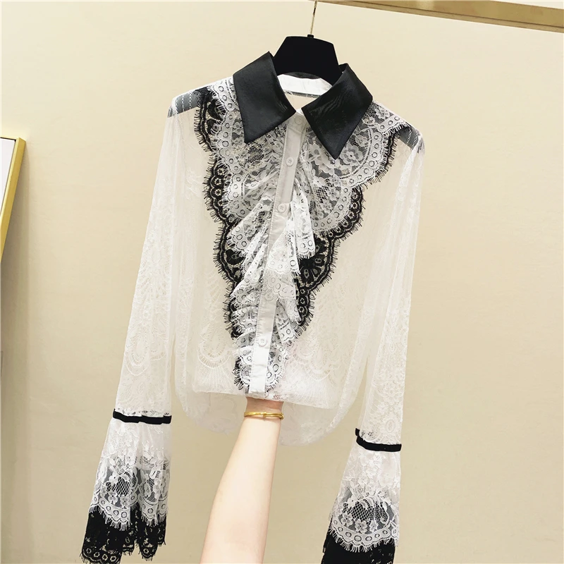 

Palace Style Ruffle Trim Bell-Sleeve Lace Shirt Women's 2020 Spring and Autumn Long Sleeve Lace Blouses Blusas Femme Top Ladies