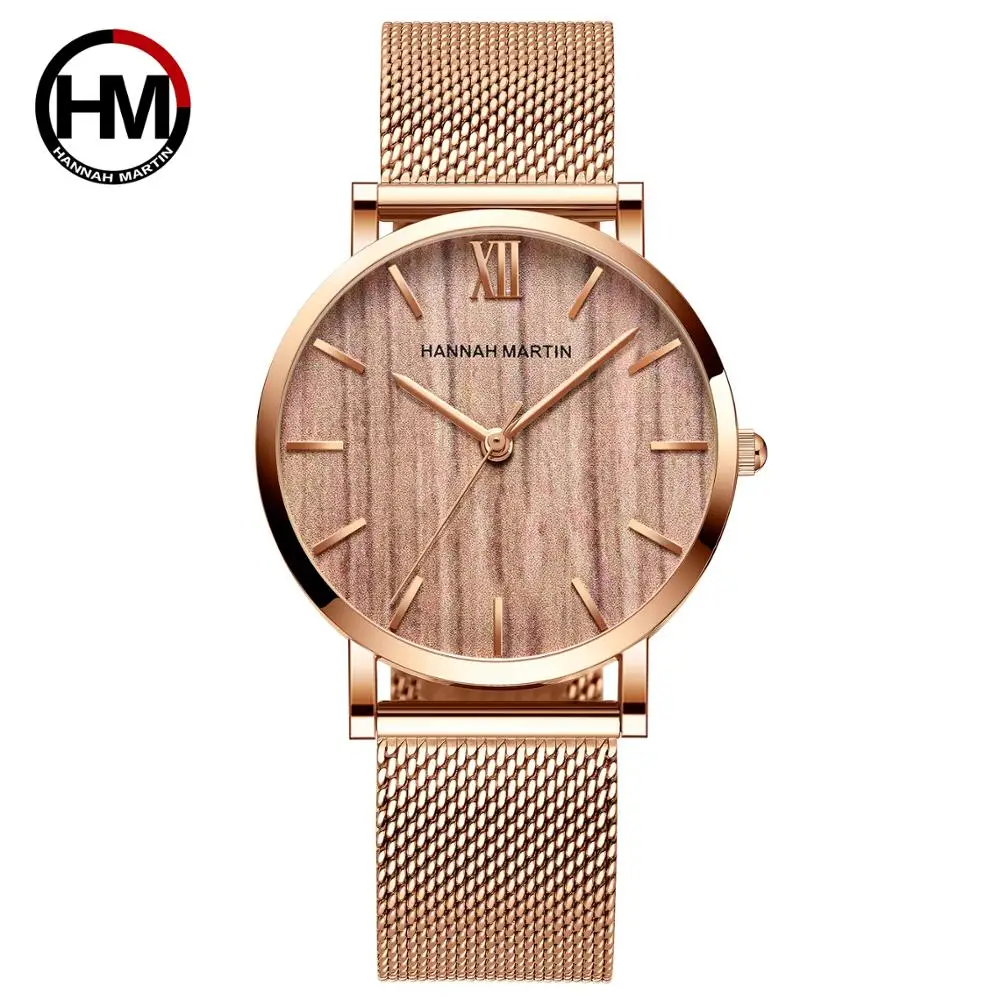 2020 New Arrival  Japan Quartz Movement Wood grain Walnut Fashion Stainless Steel Mesh Band Waterproof Women Wrist watches