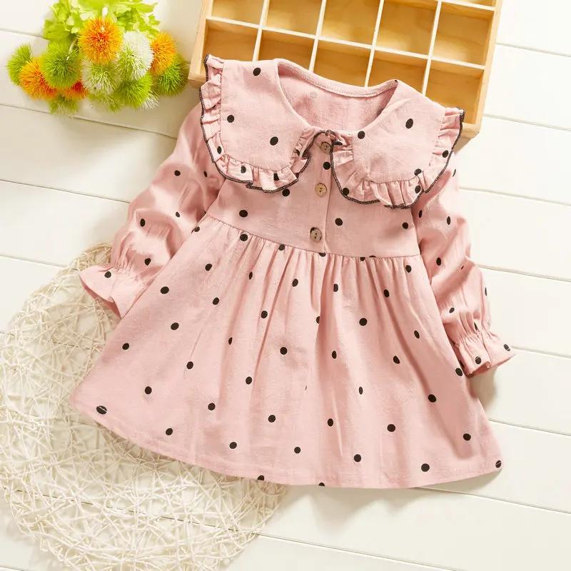 Fancy Childhood Cute Children Boutique Clothing Kids Designer Baby Clothes Long Sleeve Cotton Dotted Toddler Girl Fall Dresses | Детская