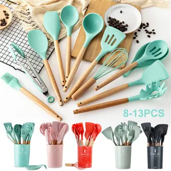 

Wooden handle silicone kitchen utensils 11-piece set nine-piece kitchen tool shovel spoon set Wooden Handle Silicone Kitchen