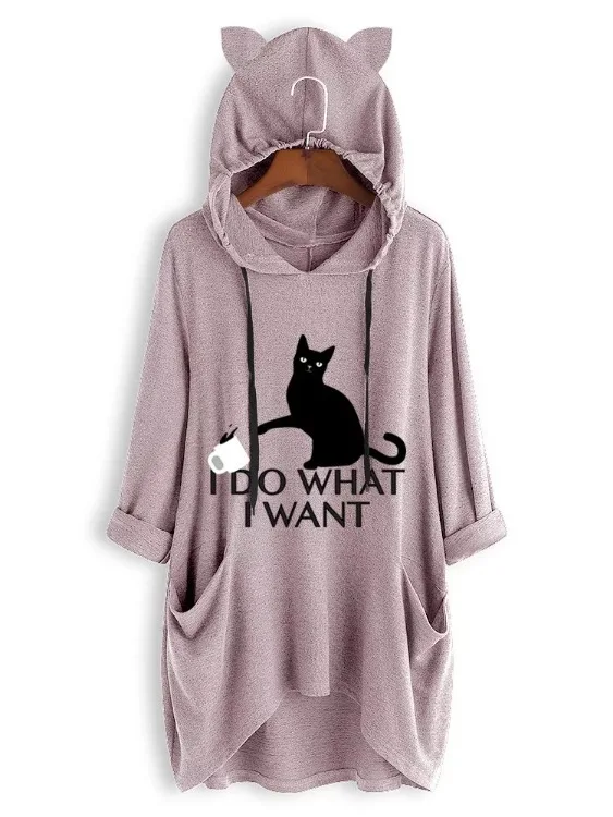 Women's Printed Cat Ear Plus S-5XL Hooded Autumn Long Roll Up Sleeve Pocket Hoodies Irregular Tops Feminine Oversize Sweatshir