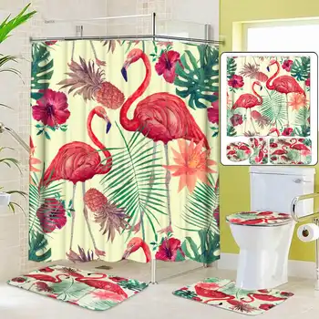 

Flamingo Printing Shower Curtain Sets Non-Slip Rugs Toilet Lid Cover and Bath Mat Waterproof Fabric Home Bathroom Decor