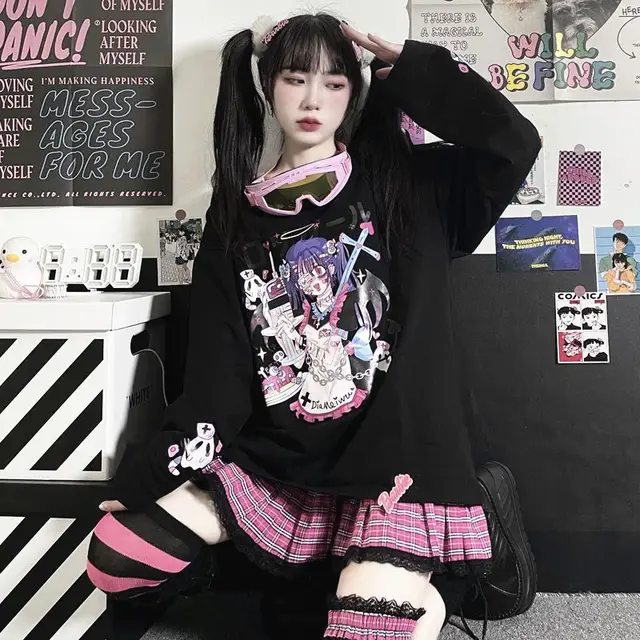 Manga Longa Anime Kawaii Hoodie Roupas Primavera Outono Hip Hop Japonês  Feminino Solta Harajuku Mulheres Sueter e Menina Roupas S0806