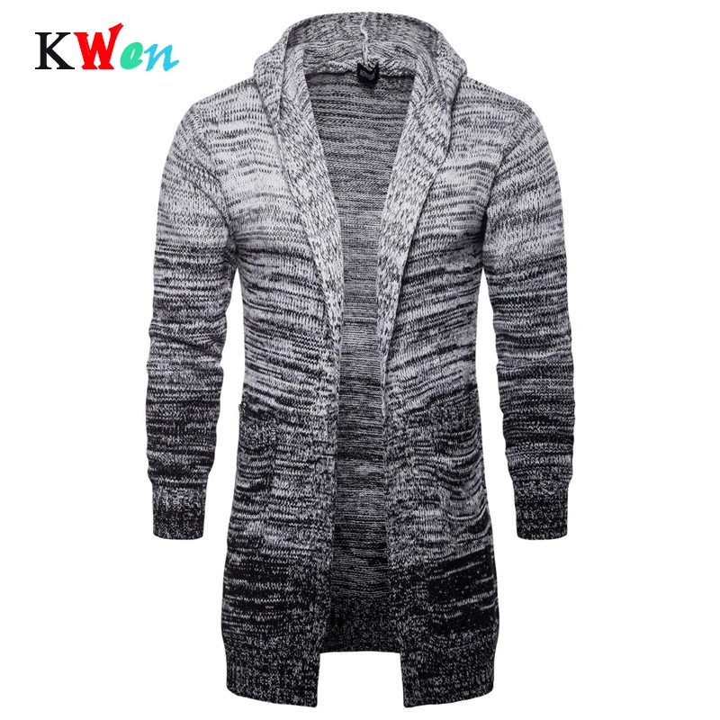 

Fashion Men's Thicken Knit Hooded Cardigan Casual Men's Long Gradient Gray Slim Sweater Coats For Male Autumn Winter