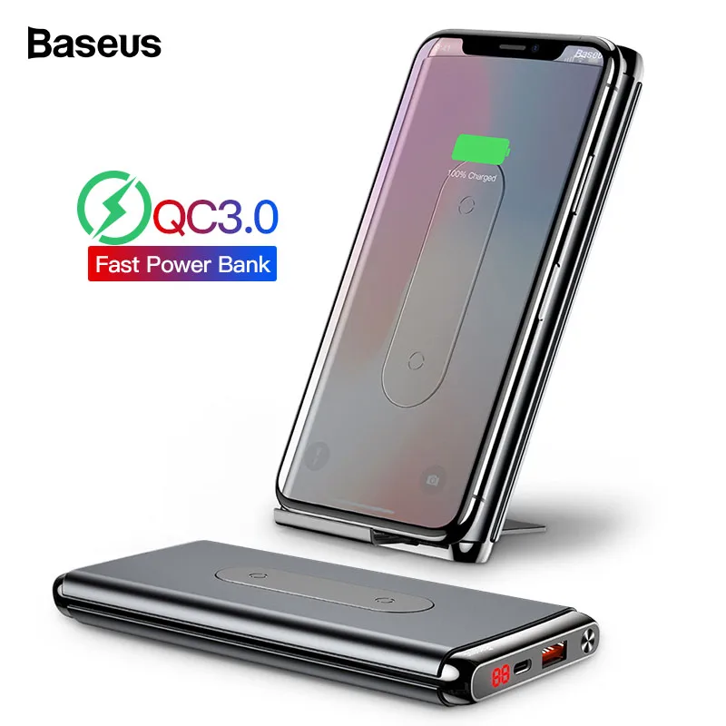 Baseus 10000 мАч Быстрая зарядка 3,0 внешний аккумулятор портативный USB C PD быстрое Qi Беспроводное зарядное устройство Внешний аккумулятор для Xiaomi Mi