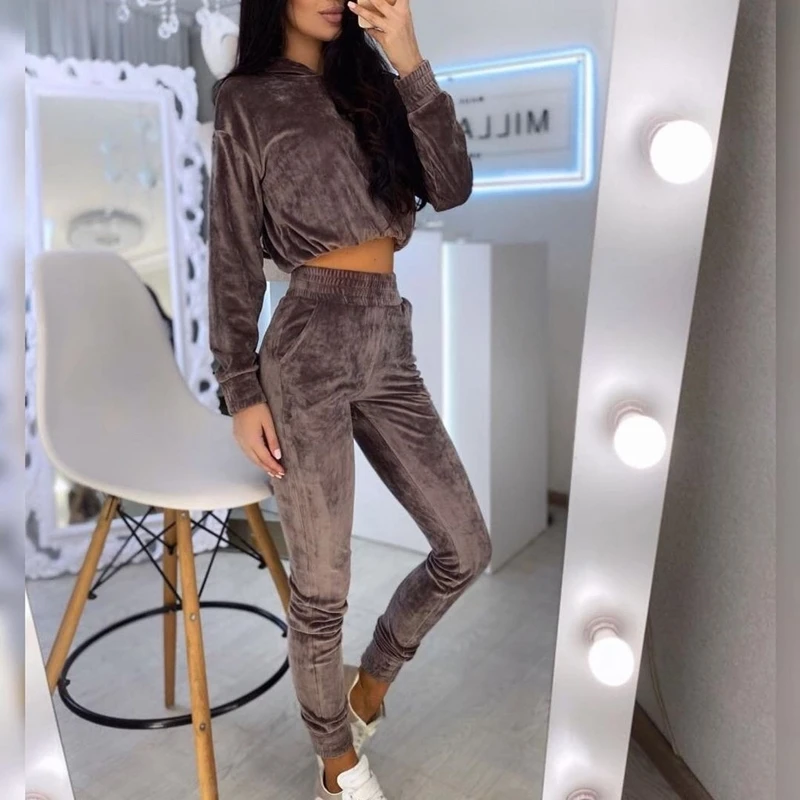 

Women Tracksuit Two Pieces Set Autumn Long Sleeve Pullover Tops + Long Pant Sport Suit Solid Pocket Short Hoodie Sweatshirt Suit