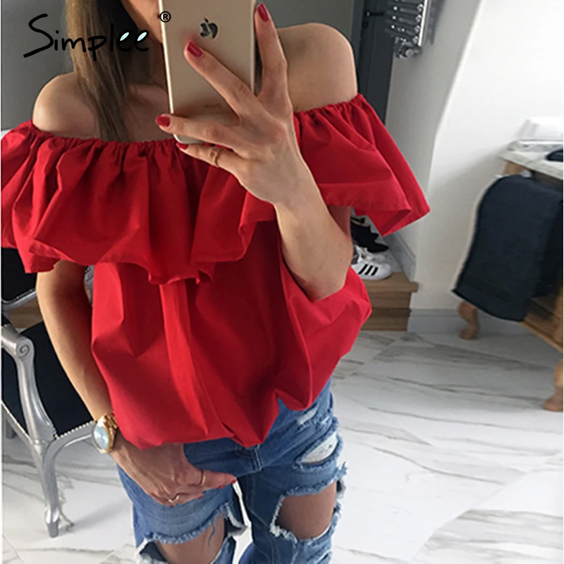 Женская модная блузка Simplee с открытыми плечами летняя хлопковая белая рюшами