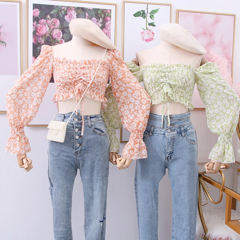 

2020 New Sweet Wild Small Floral Print Fungus Off-the-shoulder Off-shoulder Collar Short Navel Chiffon Shirt