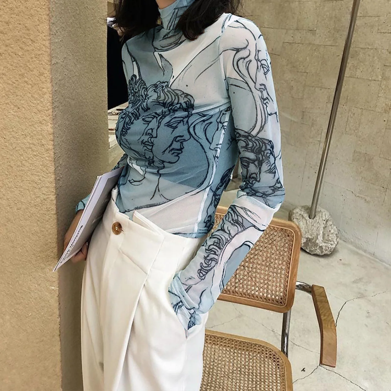 Vintage Mesh T-Shirts Long Sleeve Half High Neck Abstract Portrait Printed Sexy See-Through Slim Wild Stylish Basic Crop Tops | Женская