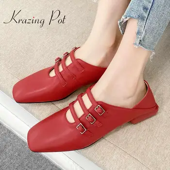 

Krazing pot Chinese red cow soft leather summer square toe low heels buckle decorations sweet cute girls Mary janes shoes L06