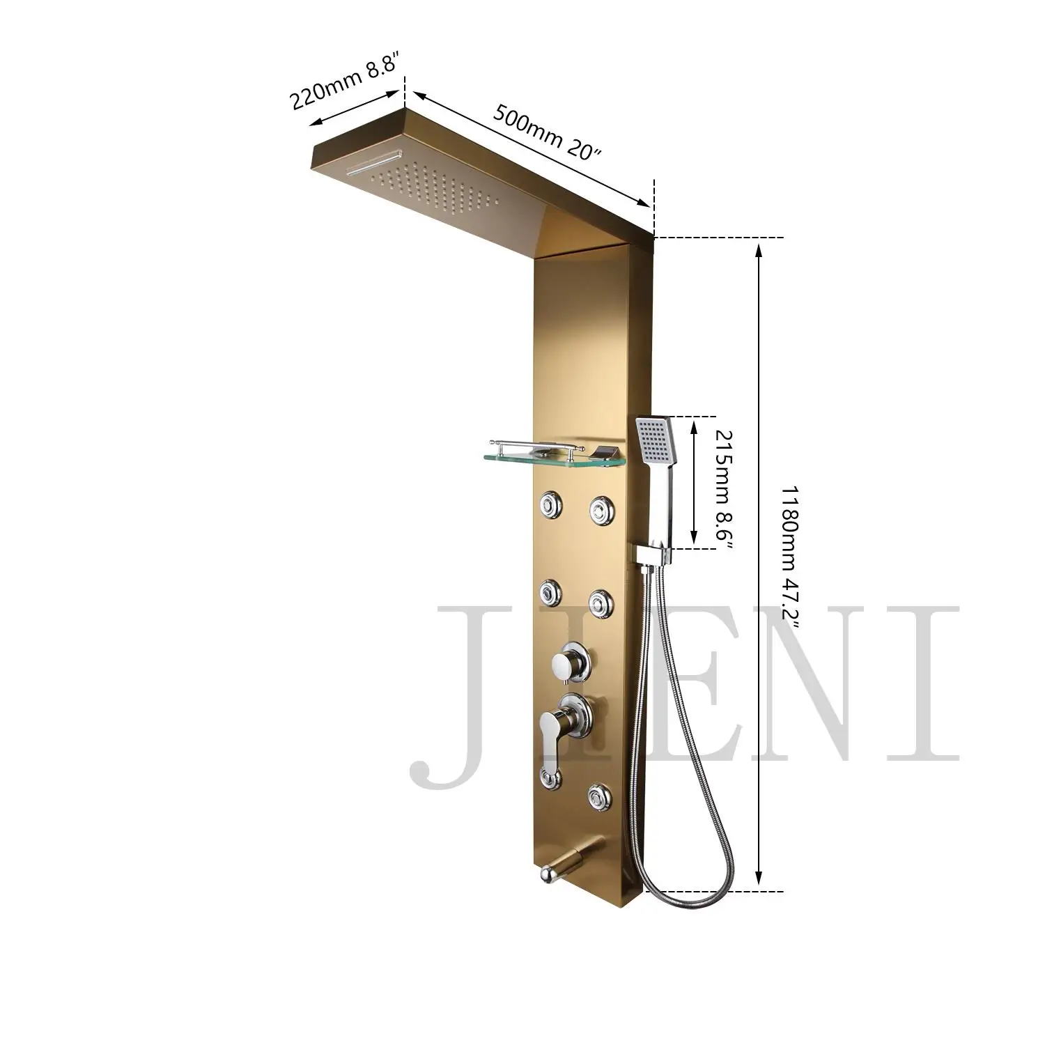 Description Picture 3 of itemJIENI High-grade Bathroom Shower Column Golden Plated Wall Mounted w/ Shelf Hand shower Tub Spout Massage System Shower Panel