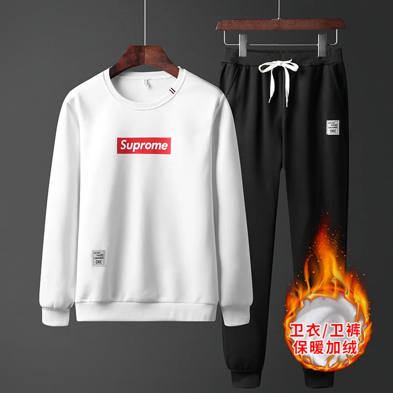 

Sports Set Autumn And Winter Men's Hoodie Korean-style Youth Students plus Velvet Clothes Trend Base T-shirt Men's Coat