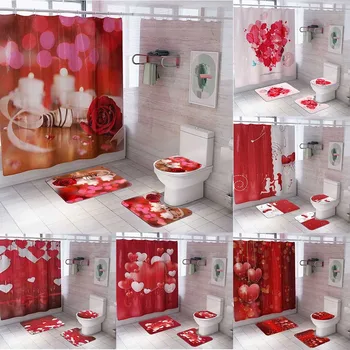 

Home bathroom shower curtain rose printing decoration Valentine's Day Love Print Toilet Bathroom FourPiece Set шторка для ванной