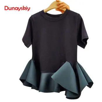 

2020 Korean Summer Ruffles Female T Shirts Short Sleeve O-neck Women Tops New Preppy Style Patchwork Camisetas