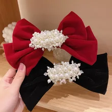 

Elegant Velvet Pearl Barrettes Bow Hair Clip Bow Hairpins Vintage Women Girls Black Wine Red Bow Hair Clip Tie Prom Accessories