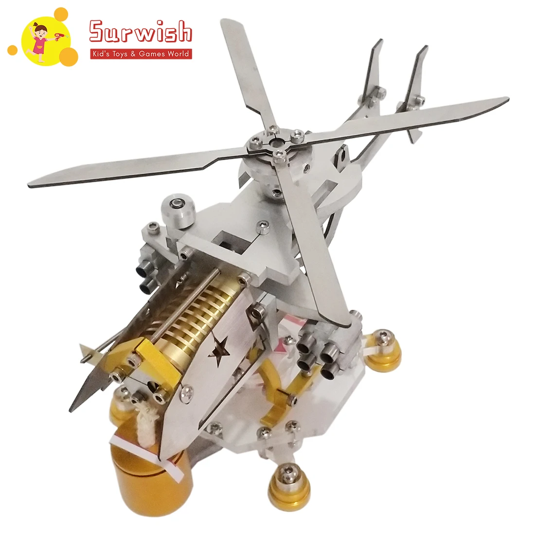 Armed Version Helicopter Horizontal Single Cylinder Vacuum Stirling Model Toy - Silver