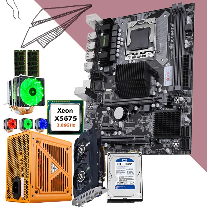 #Special Offers HUANANZHI X58 motherboard combo with CPU Intel Xeon X5675 3.06GHz with cooler RAM 32G(2*16G) 500W PSU GPU GTX750Ti 2GD5 1TB HDD