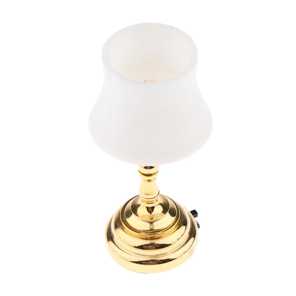 2pcs/Set 1:12 Scale Dollhouse Battery Operated LED Desk Lamp Miniature Lights Model, Golden Base with White Lampshade