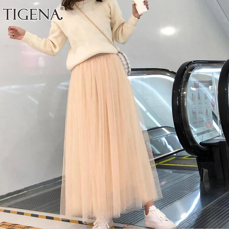 Tigena 98cm Long Maxi Tutu Tulle Skirt For Women Fashion 2021 Korean Casual High Waist Pleated