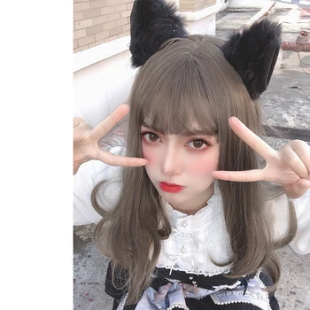 

Lolita Cosplay Long Curly Air Bangs Big Wave Aoki Linen Gray Cute Girl Fiber Synthetic High Temperature Resistant Wig