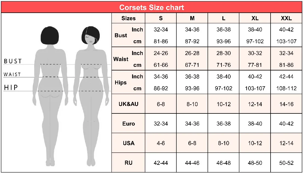 Corset size chart S-2XL