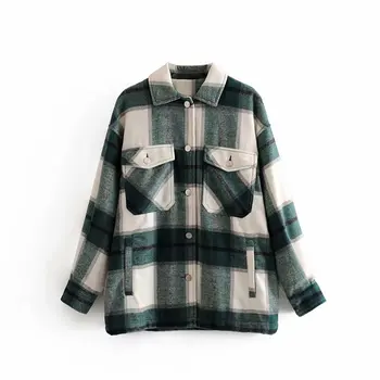 

Vintage Stylish Women Plaid Pockets Button tweed Blouse Autumn Fashion Thick Shirts Tops Casual Blusas Mujer