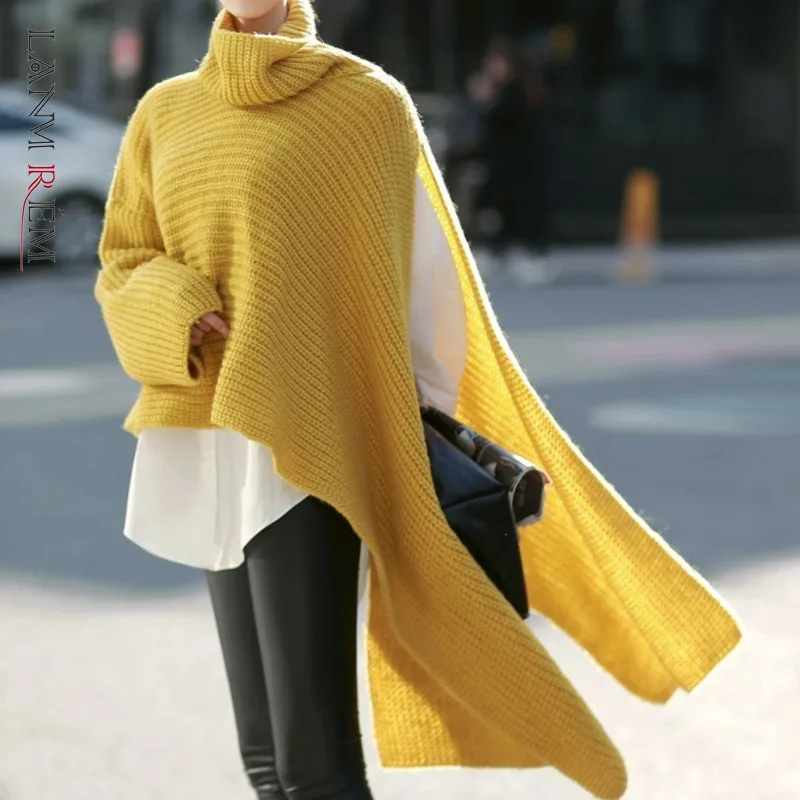 LANMREM Irregular Sewater Female Turtleneck Batwing Sleeve Asymmetrical Knitting Pullover Jumper 2022 autumn Korean WB519 | Женская