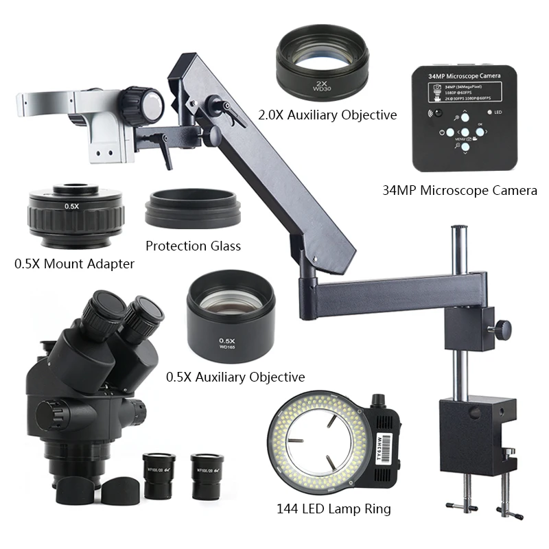 

Adjustable Direction Articulating Arm Pillar Clamp + 34MP HDMI USB Video Camera 3.5X-90X Zoom Simul Focal Trinocular Microscope