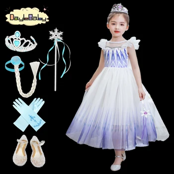 

Deluxe Princess Elsa Dress Frozen2 Anna Costume O-Neck Shining Blue and White TUTU Dress Girls Halloween Clothing with Cape